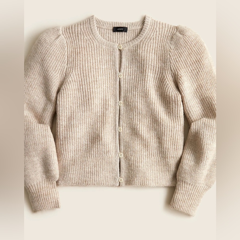 NWT J. Crew Puff Sleeve Alpaca Blend Tan Cardigan Sweater L - Picture 2 of 9